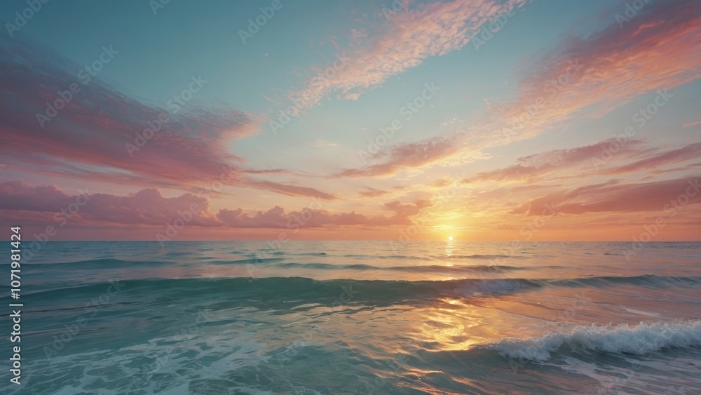 Fototapeta premium Sunset over the tranquil ocean waves reflecting vibrant colors at the beach during early evening hours