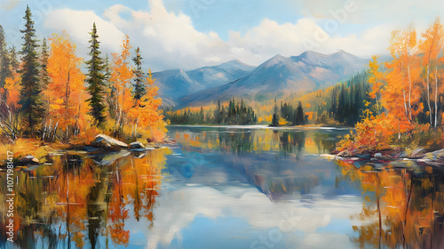 Autumn mountain landscape with a reflective lake, capturing the vibrant colors and tranquility of fall -