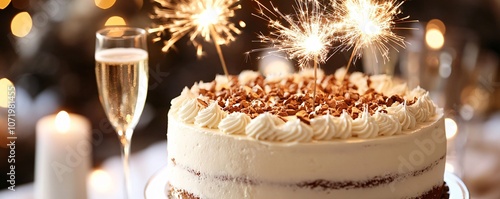 New Years Eve cake with fireworks and champagne