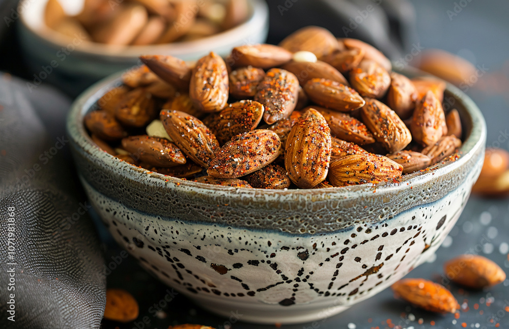 A bowl of spiced almonds sits on a dark surface. The almonds are roasted and seasoned with a red spice blend A bowl of spiced almonds sits on a dark surface. The almonds are roasted and seasoned with a red spice blend