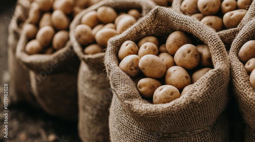 Freshly Harvested Potatoes in Burlap Sacks on Fertile Soil