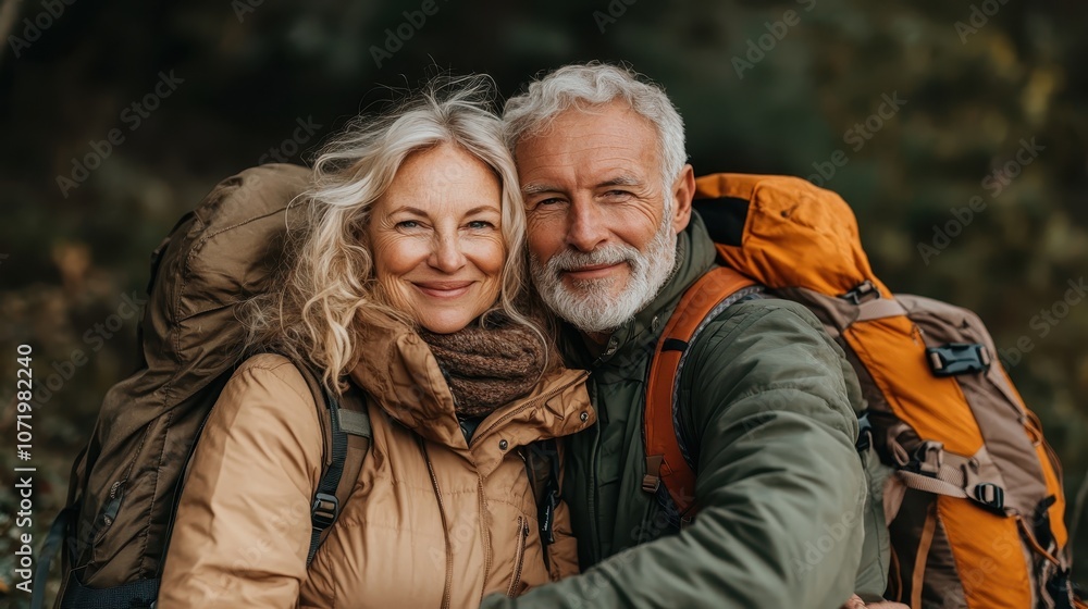 An elderly couple enjoys an intimate embrace during their serene hike in the great outdoors, exemplifying love, companionship, and the joy of shared experiences. An elderly couple enjoys an intimate embrace during their serene hike in the great outdoors, exemplifying love, companionship, and the joy of shared experiences.