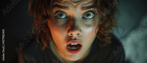 A close-up image of a surprised person with wide eyes, capturing raw emotion and fear in a dimly lit environment.