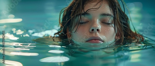 A serene portrait of a person submerged in water, capturing tranquility and peace amidst soft ripples and gentle reflections.