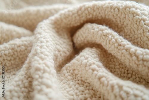 Close-up of cozy, textured cream blanket.