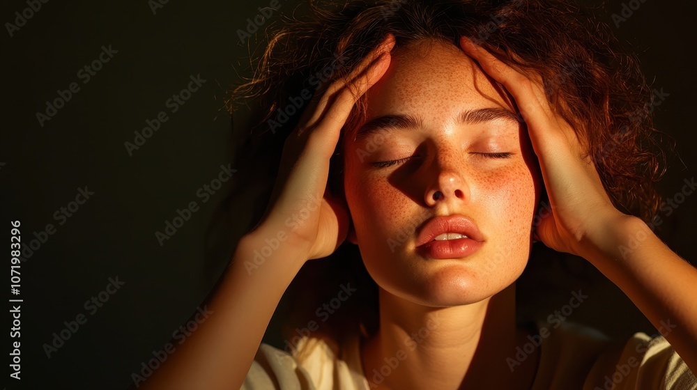 A freckled woman closes her eyes, massaging her temples with fingers, conveying a sense of migraine or stress, highlighting human endurance and emotional depth. A freckled woman closes her eyes, massaging her temples with fingers, conveying a sense of migraine or stress, highlighting human endurance and emotional depth.