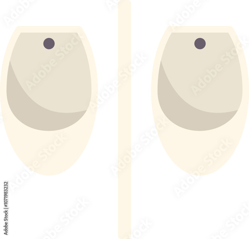 Simple illustration of two white urinals separated by a partition wall in a men's public toilet