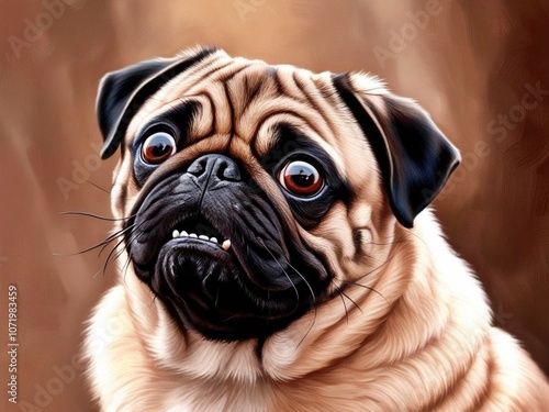 Close-up portrait of a funny and frightened, surprised and stunned Pug-type dog muzzle