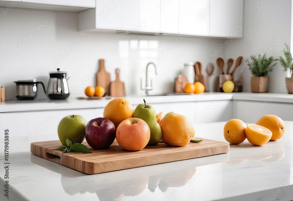 A kitchen with fresh fruit on a wooden cutting board and a blurred background A kitchen with fresh fruit on a wooden cutting board and a blurred background