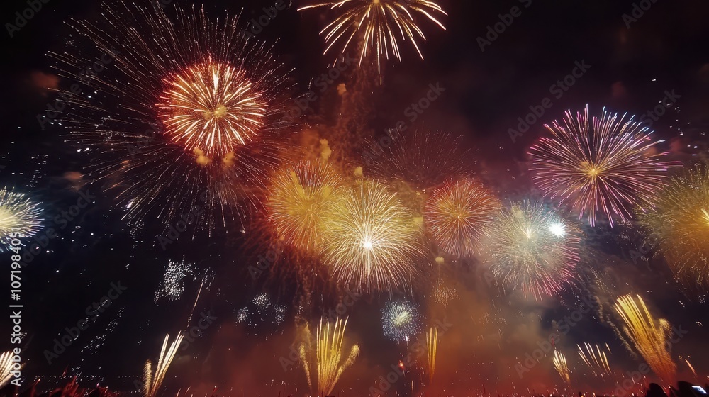 Fototapeta premium A vibrant display of colorful fireworks lighting up the night sky during a festive celebration.