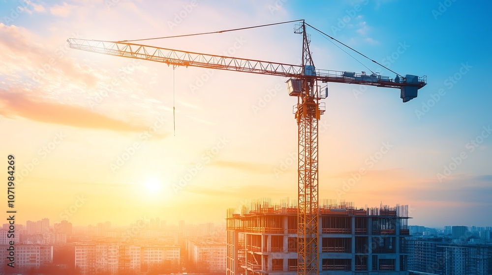 A Towering Crane Silhouetted Against the Sunset at a Construction Site A Towering Crane Silhouetted Against the Sunset at a Construction Site