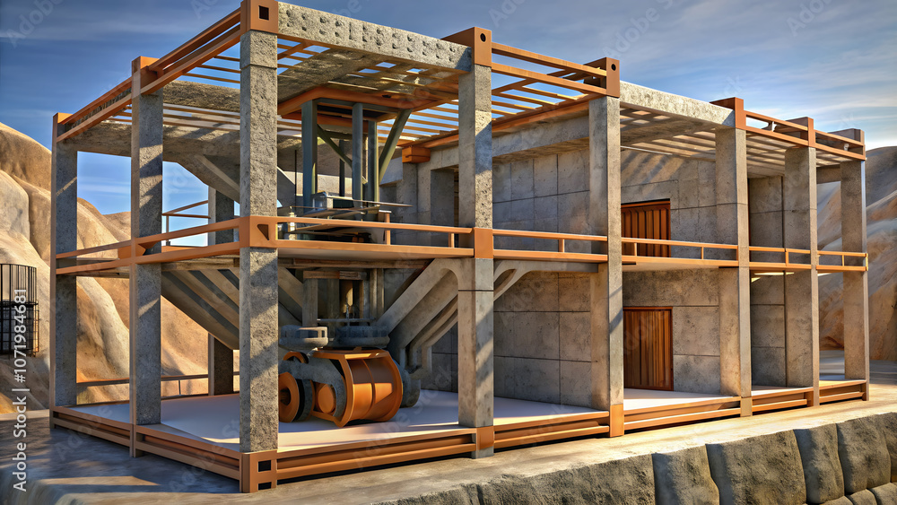 Modern industrial building with unique design, featuring concrete and metal elements, set against rocky landscape. structure showcases blend of functionality and aesthetics Modern industrial building with unique design, featuring concrete and metal elements, set against rocky landscape. structure showcases blend of functionality and aesthetics
