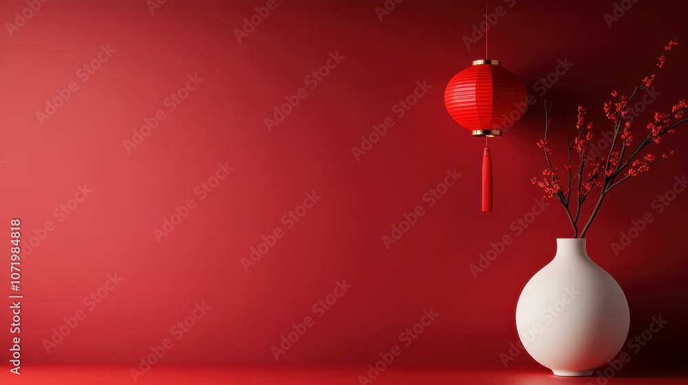 A vibrant red lantern hangs above a white vase with delicate branches in a minimalist setting, evoking tranquility and a harmonious blend of colors and shapes. A vibrant red lantern hangs above a white vase with delicate branches in a minimalist setting, evoking tranquility and a harmonious blend of colors and shapes.