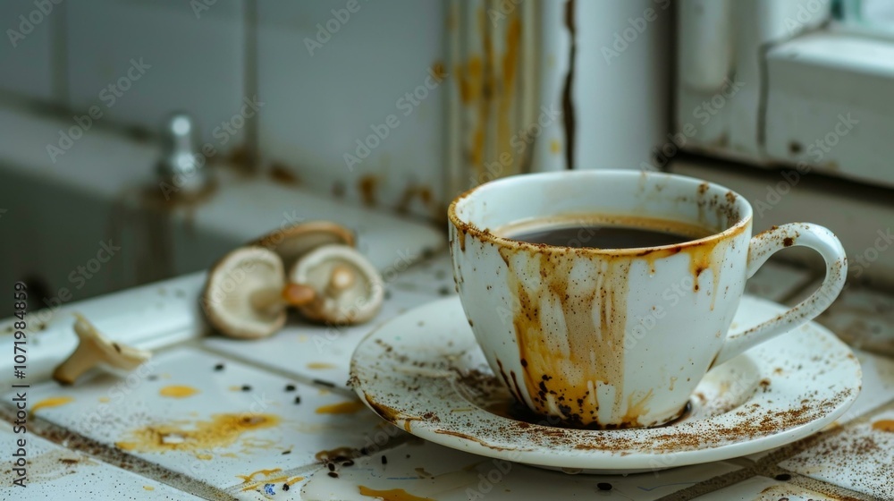 White ceramic cup of coffee on a white table next to mushrooms White ceramic cup of coffee on a white table next to mushrooms
