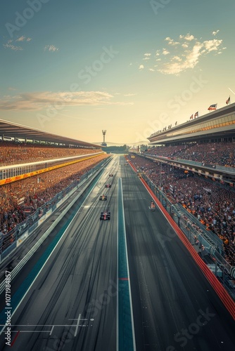 Formula One cars racing down a track with a large crowd in the stands