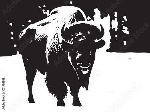 Snowy bison in nice winter nature, white background, snowing and wind low blowing