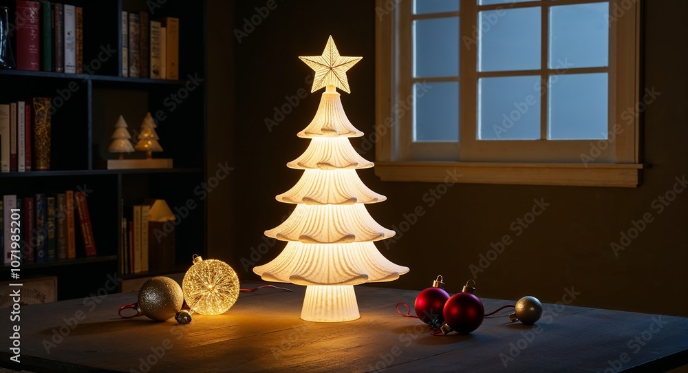 Obraz premium Christmas tree shaped lantern with star topper softly glowing in a dim room