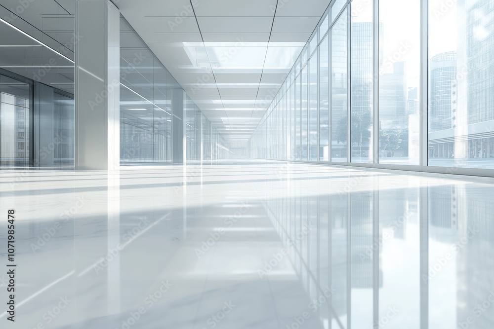 A long hallway with a white wall and blue floor A long hallway with a white wall and blue floor
