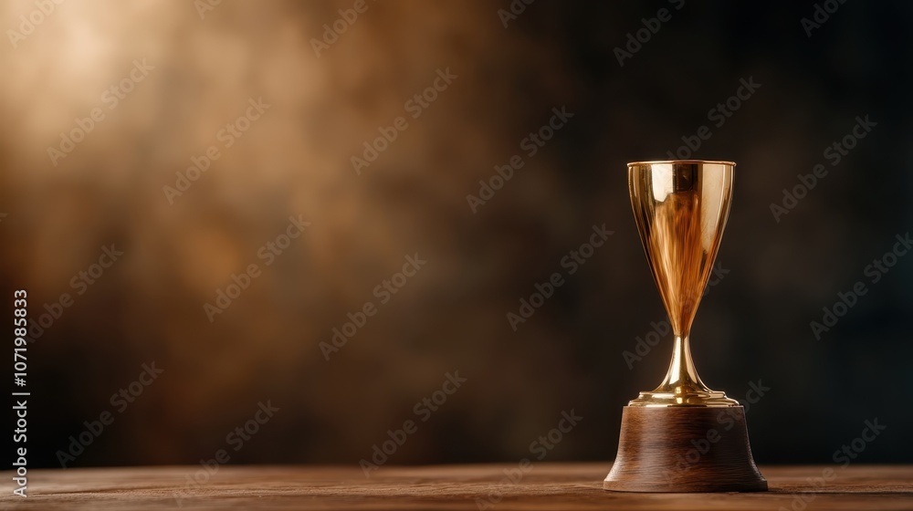 A shiny golden trophy elegantly standing on a wooden surface with a blurred brown background, symbolizing achievement and excellence in a classic style. A shiny golden trophy elegantly standing on a wooden surface with a blurred brown background, symbolizing achievement and excellence in a classic style.
