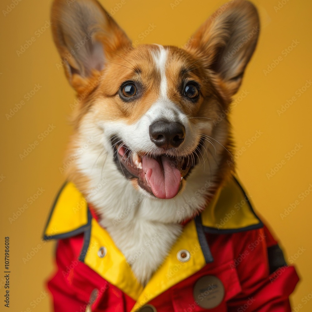 A happy corgi wearing a red and yellow jacket A happy corgi wearing a red and yellow jacket