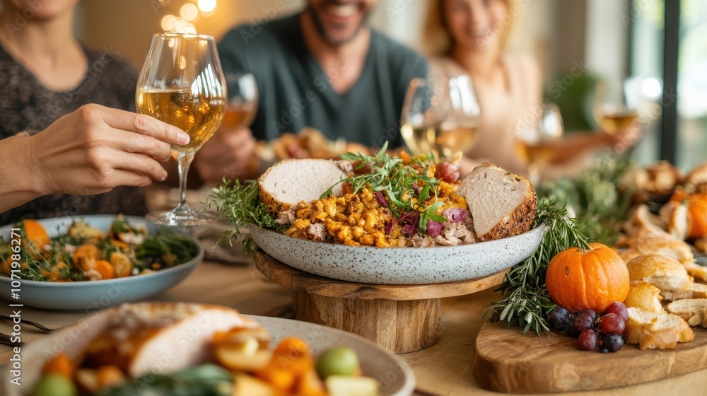 A festive table set with delicious foods and drinks as friends enjoy a meal together. The image captures the warmth of companionship and holiday celebration. A festive table set with delicious foods and drinks as friends enjoy a meal together. The image captures the warmth of companionship and holiday celebration.