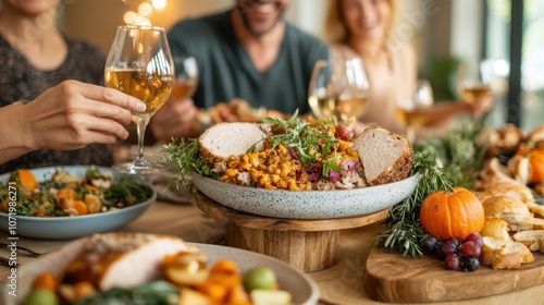 A festive table set with delicious foods and drinks as friends enjoy a meal together. The image captures the warmth of companionship and holiday celebration. photo