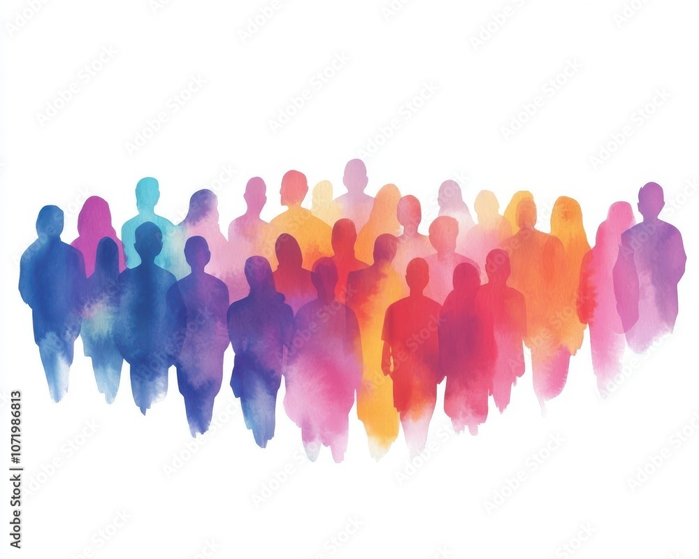 Obraz premium A vibrant watercolor illustration of a diverse crowd silhouette in colorful shades.
