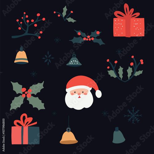 Cute Christmas Icons with Santa and Holly Festive collection of Christmas icons featuring Santa Claus, holly, bells, gifts, and snowflakes in a simple, playful design on a dark background.