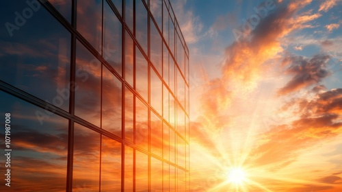 Fototapeta Naklejka Na Ścianę i Meble -  A captivating view of a modern glass building reflecting the vibrant colors of a sunset sky, showcasing an architectural blend of nature and urban design.