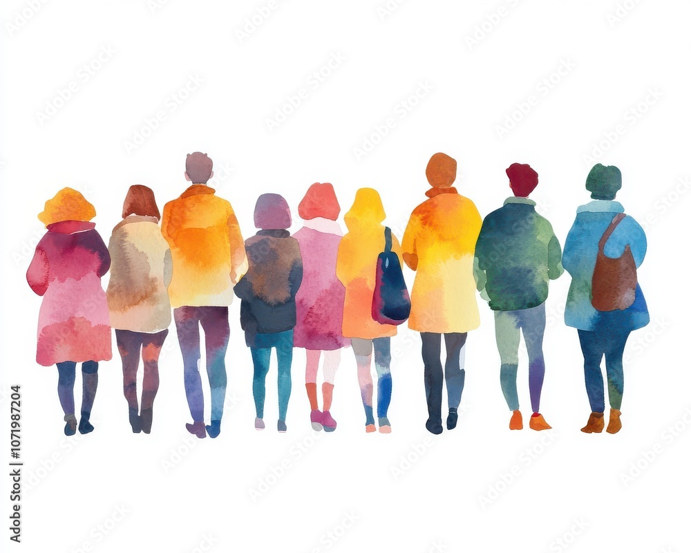 A vibrant watercolor illustration of diverse people standing together, showcasing unity. A vibrant watercolor illustration of diverse people standing together, showcasing unity.