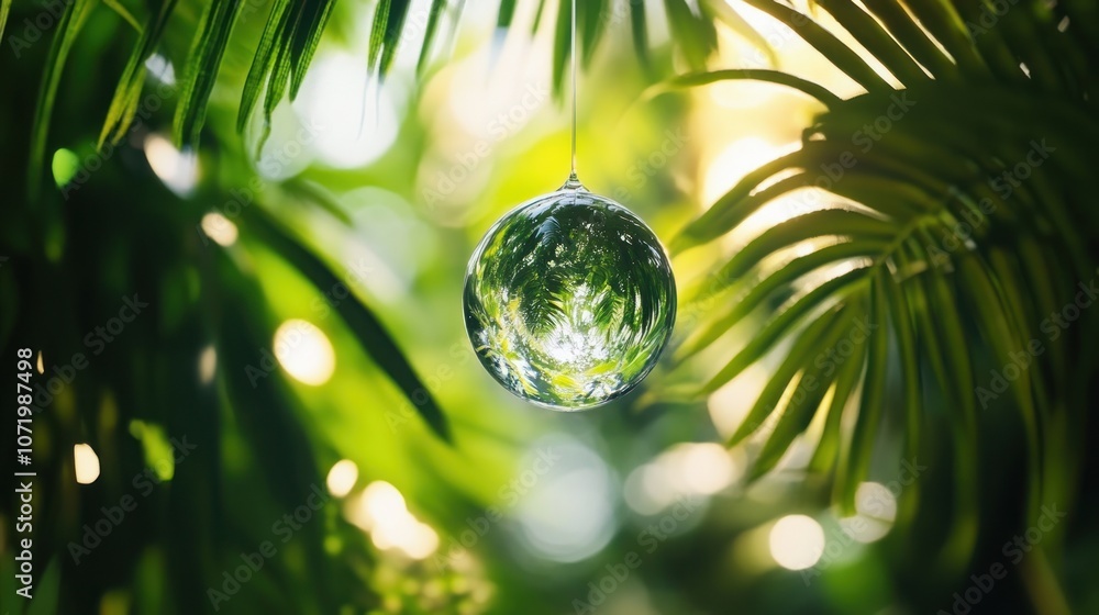 Crystal Ball Hanging from Green Leaves Crystal Ball Hanging from Green Leaves