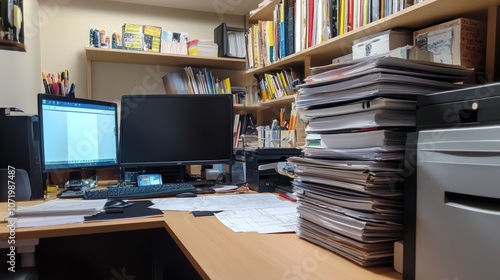 A cluttered office desk with a computer, printer, and stacks of papers.