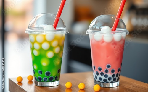 Two refreshing bubble tea drinks with tapioca pearls and boba balls are on a table, ready to be enjoyed photo