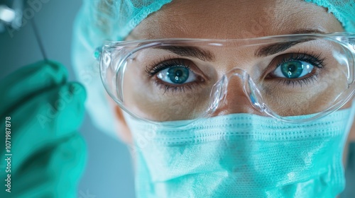 A close-up image of a focused surgeon wearing protective glasses and a mask, ready to perform a procedure, emphasizes courage and professionalism in a critical environment. photo