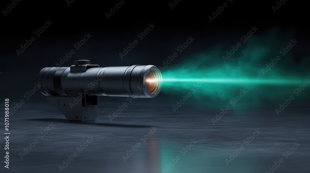 A sleek black laser device projects a bright teal green beam, illuminating the surrounding area with striking visual appeal, set against a dark backdrop. A sleek black laser device projects a bright teal green beam, illuminating the surrounding area with striking visual appeal, set against a dark backdrop.