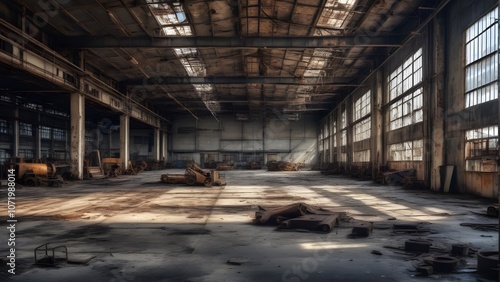 A vast, decaying warehouse, a relic of industrial might. Sunlight streams through broken windows, illuminating the dusty floor. The silence is broken only by the wind