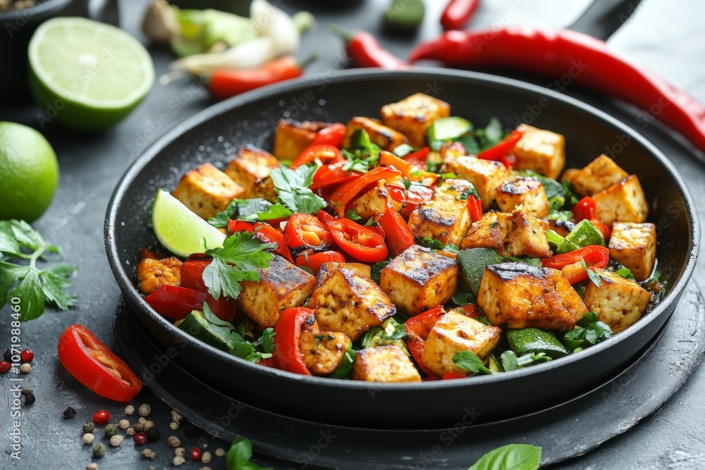 A black pan with a variety of vegetables and tofu A black pan with a variety of vegetables and tofu