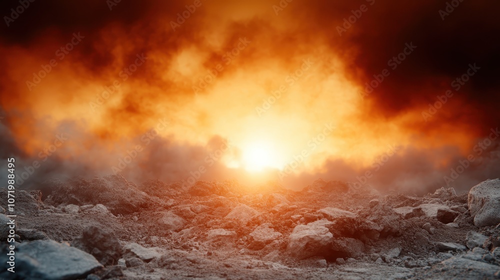 A vivid portrayal of a fiery explosion over rocky terrain, with flames and smoke filling the scene, demonstrating sheer chaos and the magnitude of destruction. A vivid portrayal of a fiery explosion over rocky terrain, with flames and smoke filling the scene, demonstrating sheer chaos and the magnitude of destruction.