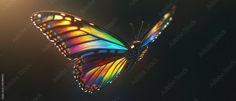 Naklejka premium Experience the beauty of a faceted rainbow-colored butterfly in flight against a dreamy background