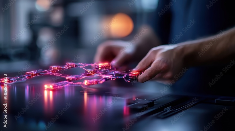 Hands skillfully design a futuristic circuit board, showcasing advanced technology through glowing elements and intricate connections, symbolizing innovation. Hands skillfully design a futuristic circuit board, showcasing advanced technology through glowing elements and intricate connections, symbolizing innovation.
