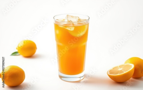 A glass of iced tea with lemon wedges and ice cubes sits on a white surface