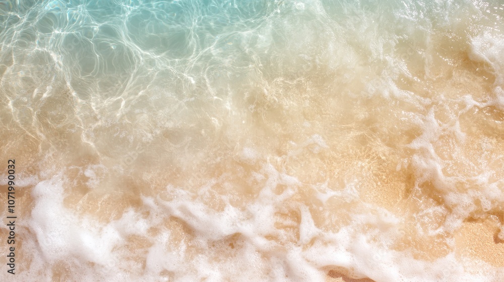 The image displays gentle waves lapping over pale sandy shores with turquoise water, reflecting sunlight as the waves recede, creating a peaceful scene. The image displays gentle waves lapping over pale sandy shores with turquoise water, reflecting sunlight as the waves recede, creating a peaceful scene.