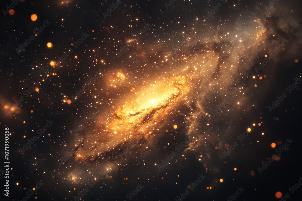 Naklejka premium The vastness of the universe, galaxies and stars in space, an orange glow on the spiral galaxy