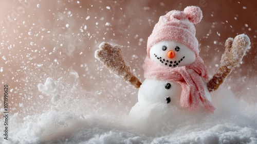 A playful snowman with arms raised happily amidst a snow storm, wearing a pink hat and scarf, exuding a sense of boundless joy and winter fun. photo