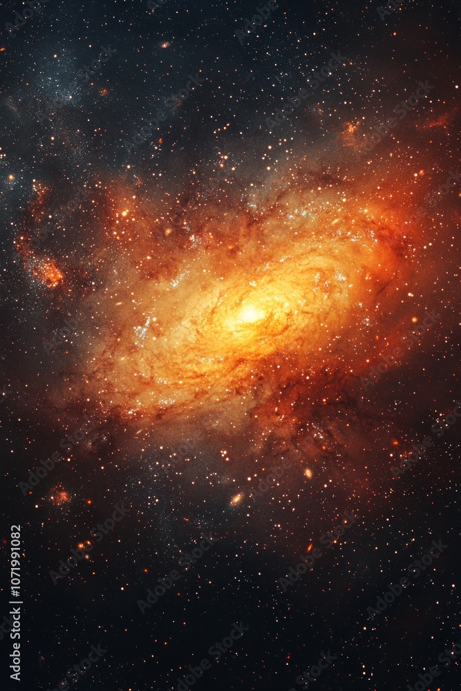 The vastness of the universe, galaxies and stars in space, an orange glow on the spiral galaxy