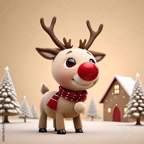 Christmas holiday template with 3D festive winter toy on beige background. Collection of decorations in single design style of red, white and beige colors.