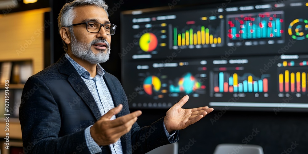 Indian Man in a Suit Presenting Data Analysis and Strategy to a Team Indian Man in a Suit Presenting Data Analysis and Strategy to a Team