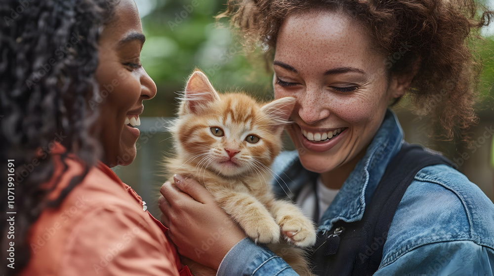 Joyful moment of a person holding a new kitten with a smiling shelter worker at a pet adoption fair - Joyful moment of a person holding a new kitten with a smiling shelter worker at a pet adoption fair -