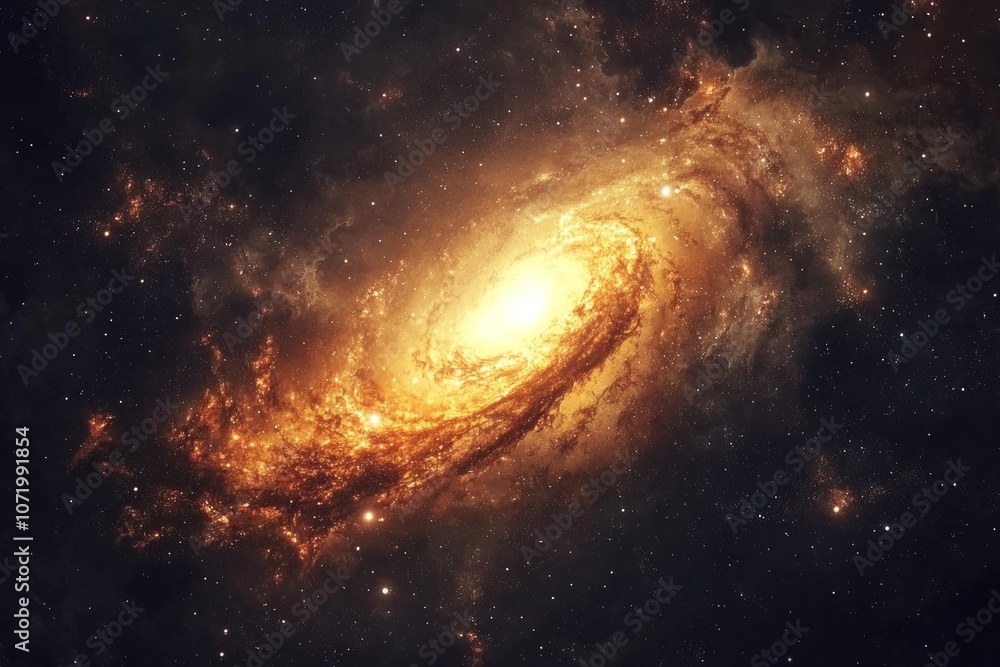 Obraz premium The vastness of the universe, galaxies and stars in space, an orange glow on the spiral galaxy