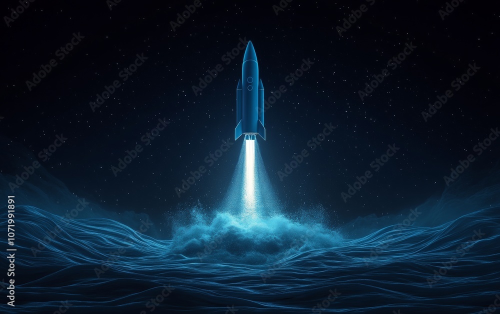 Fototapeta premium A blue rocket is flying through the sky above a body of water